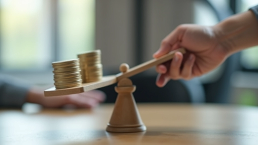 Eine Hand balanciert verschiedene Gewichte auf einer Waage, die Gleichgewicht zwischen Investitionen symbolisiert