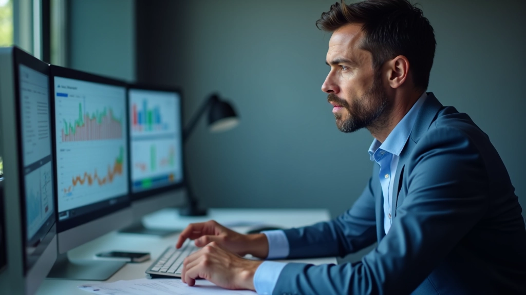 Investor, der konzentriert auf mehrere Monitore mit verschiedenen Branchen-Charts blickt, modernes Büro, professionelle Beleuchtung, obere Körperhälfte