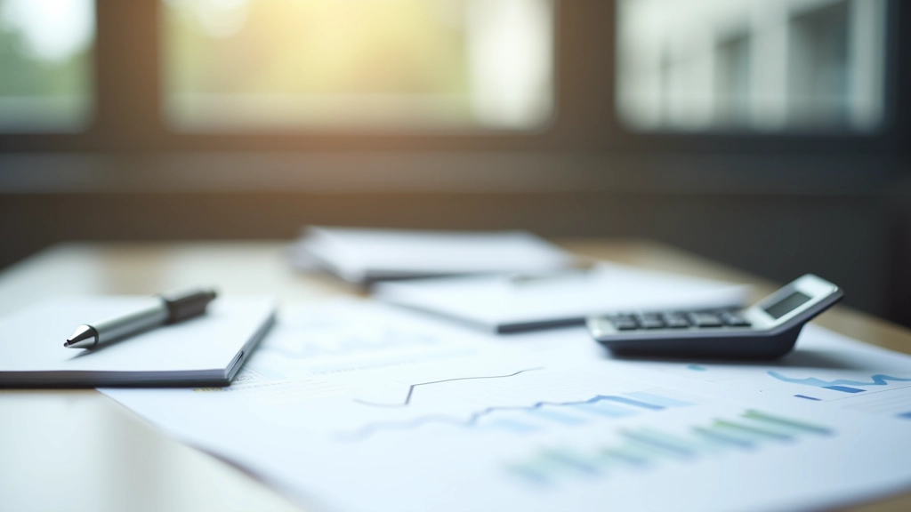 Arbeitsbereich mit Notizbuch, Taschenrechner und Finanzpapieren zeigt die Planung eines diversifizierten Portfolios