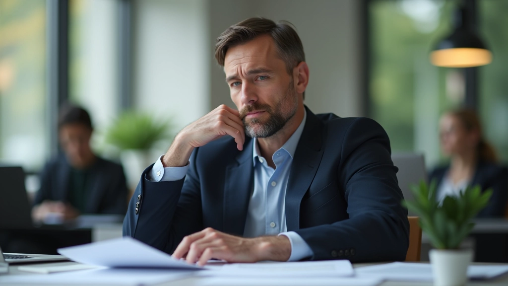 Investor sitzt nachdenklich am Schreibtisch, umgeben von Papieren und Charts, sanfte Beleuchtung, reflektierendes Moment