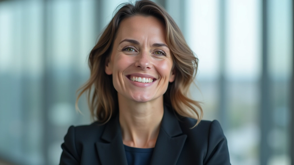 Porträt eines ruhig aussehenden Anlegers, der lächelt, moderne Bürokleidung, Schulterschuss mit Fenster und Stadt im Hintergrund