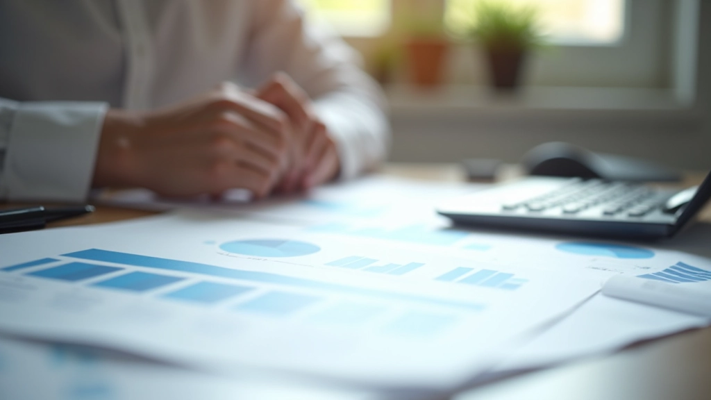 Schreibtisch mit Finanzdiagrammen, Rechner und Notizen zur Vermögensplanung